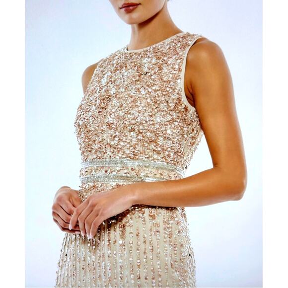 Mac Duggal Sleeveless High Neck Beaded Sheath Dress Nude 4 - Picture 3 of 14